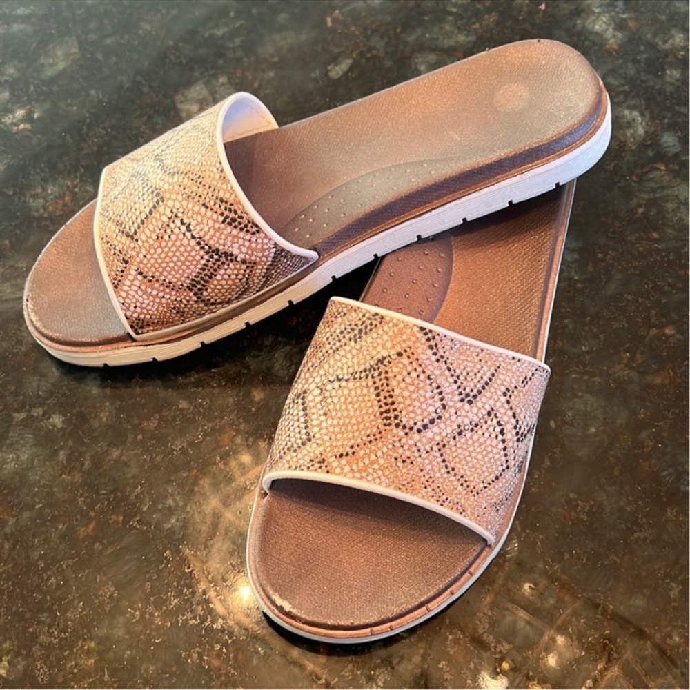Metallic Snake Print Slide Sandals